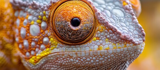 Close-up of a chameleon's eye with colorful skin and intricate detail.