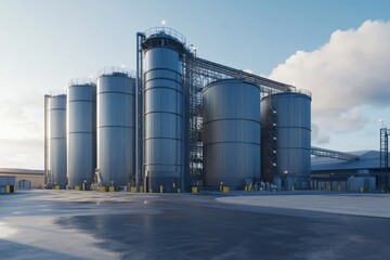 Large industrial storage silos at a processing facility during midday with clear skies