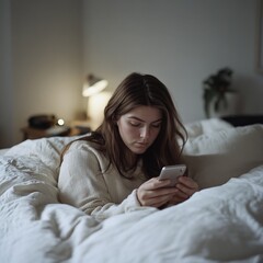 woman uses smartphone in bed