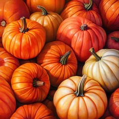 close-up of a pile of different pumpkins