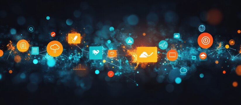 Abstract digital network with icons representing data, cloud computing, and network security.