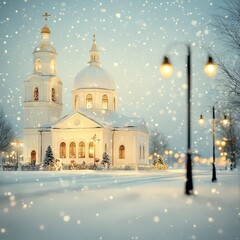 Obraz premium Snowy Christmas Eve Church Winter Wonderland Scene