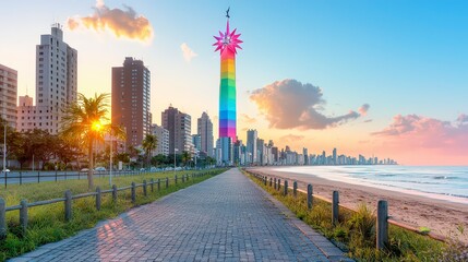 Fototapeta premium Vibrant Cityscape Coastal Sunrise Rainbow Tower Beach Promenade