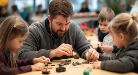 A man engages in a creative activity with children, focusing on building and crafting together in a lively learning environment.