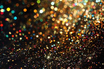 Naklejka premium A close-up shot of shimmering metallic glitter creating a dazzling bokeh effect with a vibrant rainbow of colors, A dazzling display of metallic flecks