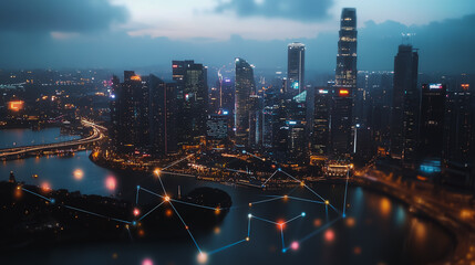 Fototapeta premium Smart digital Innovation city with connection network reciprocity over the cityscape. of future smart wireless digital city and social media networking systems that connects people with in city