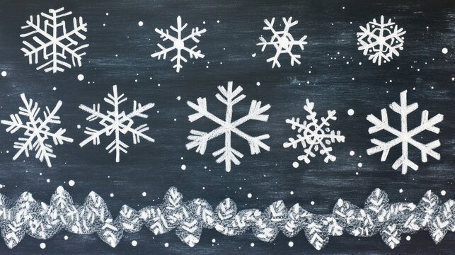 Chalkboard with hand-drawn snowflakes and winter landscape.