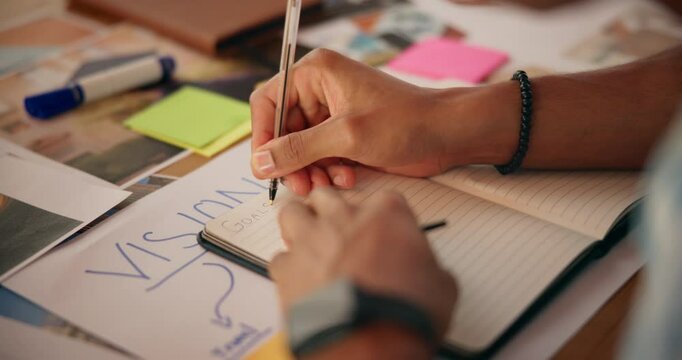 Vision board, writing and man with notebook by table for planning life goals, achievement or manifestation. Poster, pictures and hands of male person with dream journal for motivation or improvement.