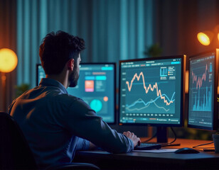 Naklejka premium A person who works on multiple computer screens, exploring data and graphs, presenting data analysis and financial markets
