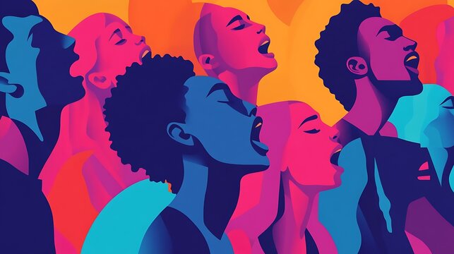 A Colorful Group of People Singing with Mouths Open