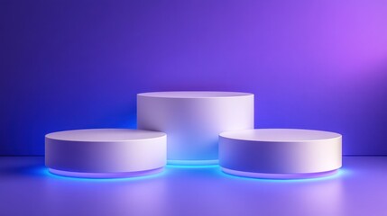 Three White Cylindrical Platforms Illuminated By Blue Light