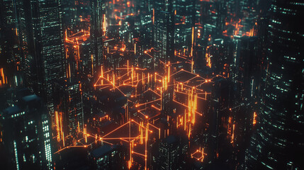 Obraz premium Smart digital Innovation city with connection network reciprocity over the cityscape. of future smart wireless digital city and social media networking systems that connects people with in city