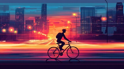 Silhouette cyclist rides bike on city street at sunset.