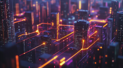 Fototapeta premium Smart digital Innovation city with connection network reciprocity over the cityscape. of future smart wireless digital city and social media networking systems that connects people with in city