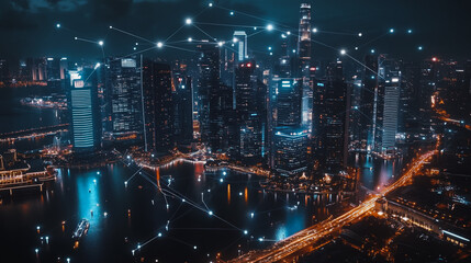Obraz premium Smart digital Innovation city with connection network reciprocity over the cityscape. of future smart wireless digital city and social media networking systems that connects people with in city
