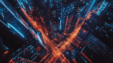 Obraz premium Smart digital Innovation city with connection network reciprocity over the cityscape. of future smart wireless digital city and social media networking systems that connects people with in city