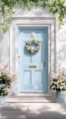 Fototapeta premium Light blue door with floral wreath and blooming plants