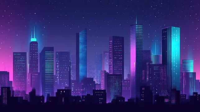 A cyberpunk city skyline at night with purple