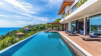 Fototapeta premium Luxury Cliffside Villa with Infinity Pool and Ocean View Stunning Tropical Getaway