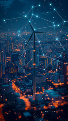 Fototapeta premium Futuristic wind turbine with glowing energy grid over a smart city at night