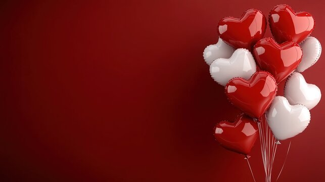 Valentine's Day background with heart-shaped balloons on a red backdrop, copy space concept.