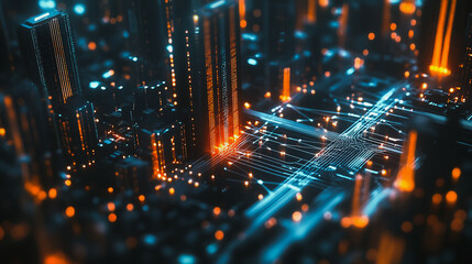 Smart digital Innovation city with connection network reciprocity over the cityscape. of future smart wireless digital city and social media networking systems that connects people with in city