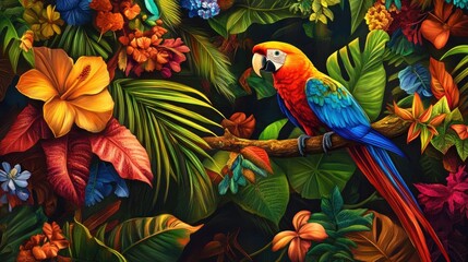 Obraz premium Vibrant macaw perched on branch amidst lush tropical flowers and foliage.