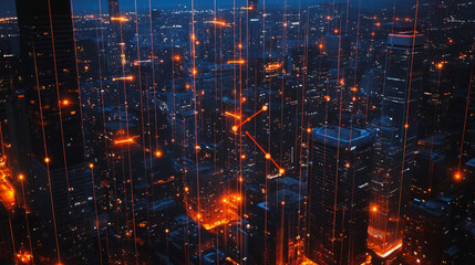 Obraz premium Smart digital Innovation city with connection network reciprocity over the cityscape. of future smart wireless digital city and social media networking systems that connects people with in city