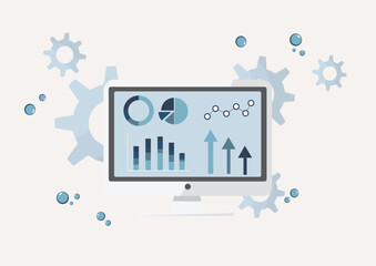 Business Analytics Dashboard Data Visualization Technology Growth. computer screen displaying business analytics with charts, graphs, and statistics, surrounded by mechanical gears representing system