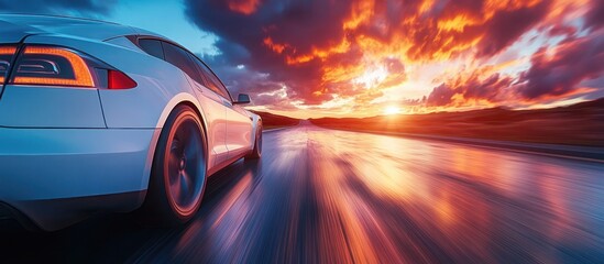 White car driving on asphalt road with motion blur and red sunset sky.