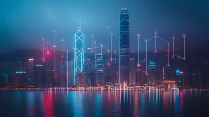 Fototapeta premium Smart digital Innovation city with connection network reciprocity over the cityscape. of future smart wireless digital city and social media networking systems that connects people with in city