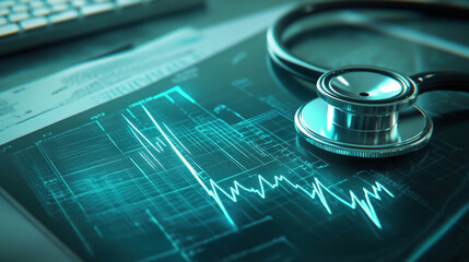 A stethoscope rests on digital medical charts displaying health data in a clinical environment. The visual represents modern healthcare technology and patient monitoring.