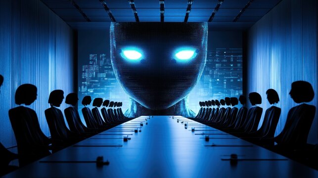 Alien entity presiding over a meeting of anonymous figures in a dark conference room.