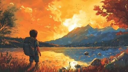 Obraz premium A lone hiker stands by a lake, gazing at a mountain range under a vibrant sunset sky.