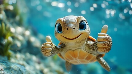 A cheerful baby sea turtle gives a double thumbs up while swimming underwater.  Cute cartoon animation.