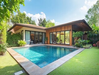Fototapeta premium Luxury Tropical Modern Home with Private Pool and Lush Garden: A Serene Oasis