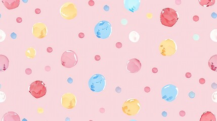 A seamless pattern of colorful circles on a pink background, resembling soap bubbles.
