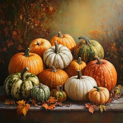 a pile of colorful pumpkins with fall leaves