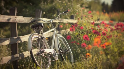 Fototapeta premium Vintage bicycle leaning against a wooden fence beside a vibrant wildflower meadow at sunset.