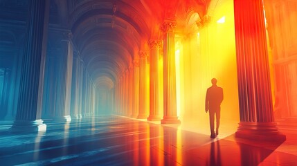 A solitary figure walks through a grand, classical hall bathed in warm and cool light.