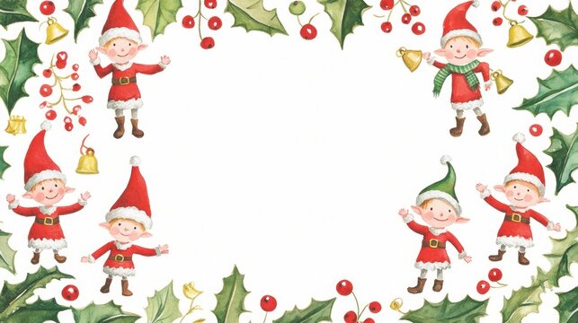 Festive watercolor Christmas elf border with holly and berries.