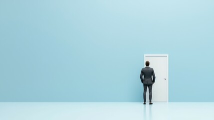 Obraz premium A man in a suit stands before a closed door in a minimalistic, blue room.