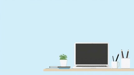 A minimalist workspace featuring a laptop, plant, books, and stationery.