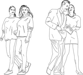 Vector sketch illustration, silhouette design, image of a couple, lovers and friends walking down the street.eps