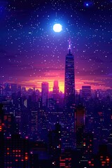 Obraz premium Night Cityscape Underneath a Bright Moonlit Sky
