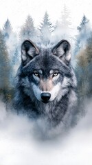 Majestic Alaskan Wolf in Winter Forest  Watercolor Art Print