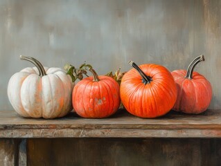 four pumpkins of different colors on a wooden surface