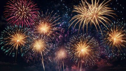 Obraz premium Beautiful fireworks in the night sky. New year celebration. Dazzling bright firework, party background, copy space.