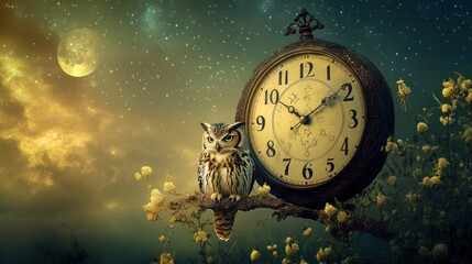 Owl perched on branch beside antique clock under night sky.