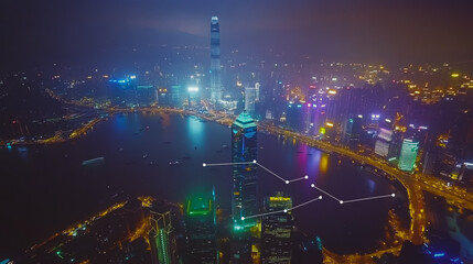 Obraz premium Smart digital Innovation city with connection network reciprocity over the cityscape. of future smart wireless digital city and social media networking systems that connects people with in city